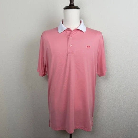 Southern Tide Men’s Light Weight Polo | Salmon Striped | White collar | Large - Picture 2 of 7
